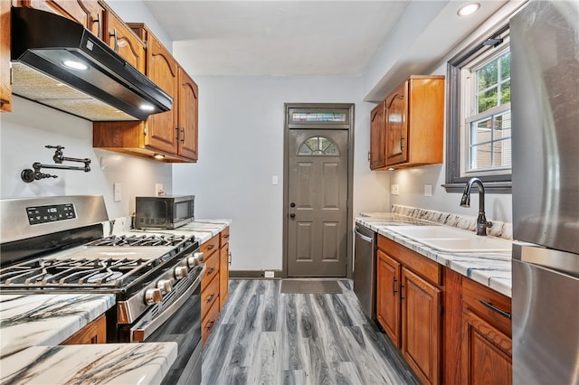 kitchen featuring hardwood / wood-style floors, sink, appliances with stainless steel finishes, and ventilation hood