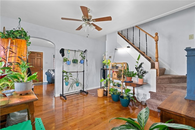 living room with wood-type flooring and ceiling fan