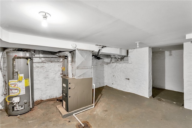 basement with heating unit and water heater