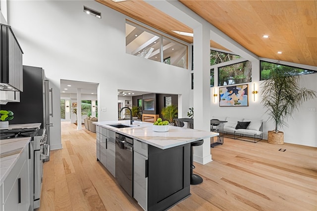 kitchen featuring sink, light hardwood / wood-style flooring, black dishwasher, an island with sink, and gas range