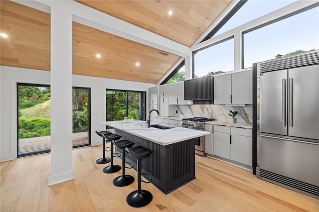 kitchen featuring sink, a kitchen breakfast bar, high end appliances, light stone countertops, and a center island with sink