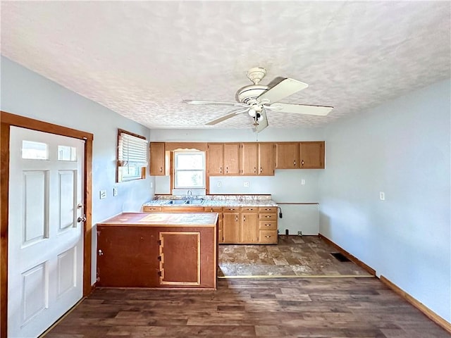 118 Wengler Ave, Sharon, PA 16146 - kitchen featuring a sink, light countertops, a textured ceiling, a ceiling fan, and baseboards