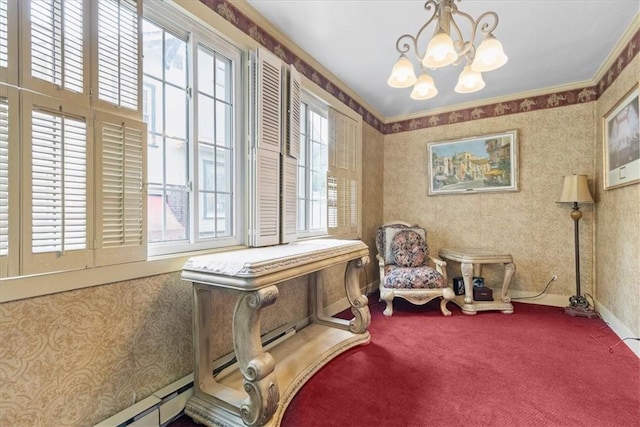 living area with a chandelier, crown molding, carpet, and wallpapered walls