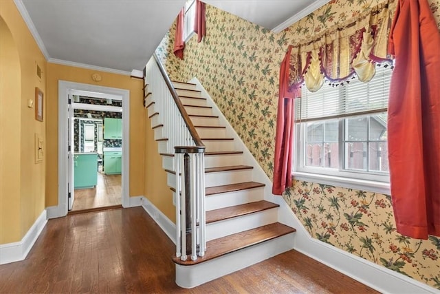 17 Wilmont Ave E, Washington Boro, PA 15301 - staircase with hardwood / wood-style floors, healthy amount of natural light, ornamental molding, baseboards, and wallpapered walls