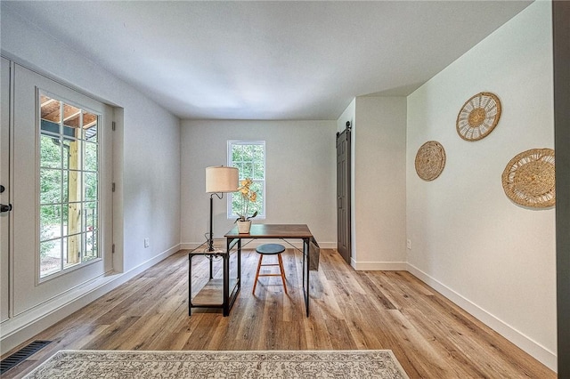 home office featuring a barn door, plenty of natural light, and light hardwood / wood-style floors