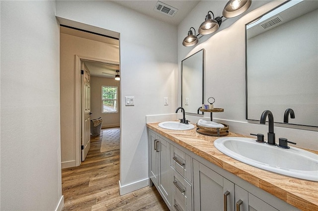 bathroom with hardwood / wood-style flooring and vanity