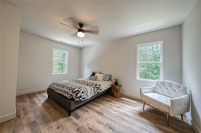 bedroom with ceiling fan and wood-type flooring