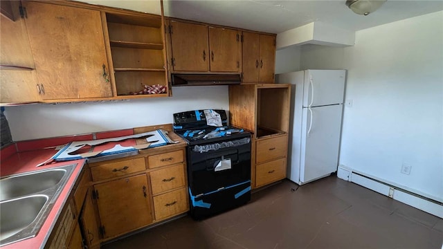 kitchen with a baseboard heating unit, white refrigerator, black range with electric stovetop, and sink