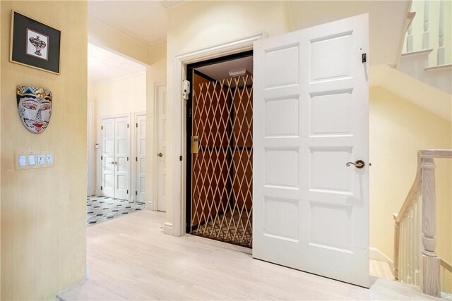 wine area featuring hardwood / wood-style floors and ornamental molding