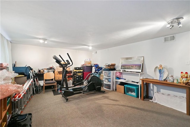 workout area featuring light colored carpet