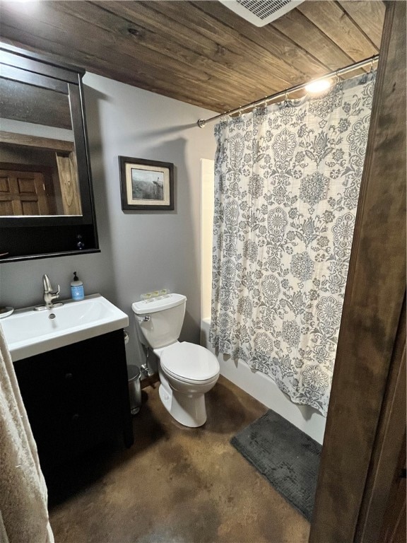 full bathroom with vanity, shower / bath combo with shower curtain, wooden ceiling, and toilet