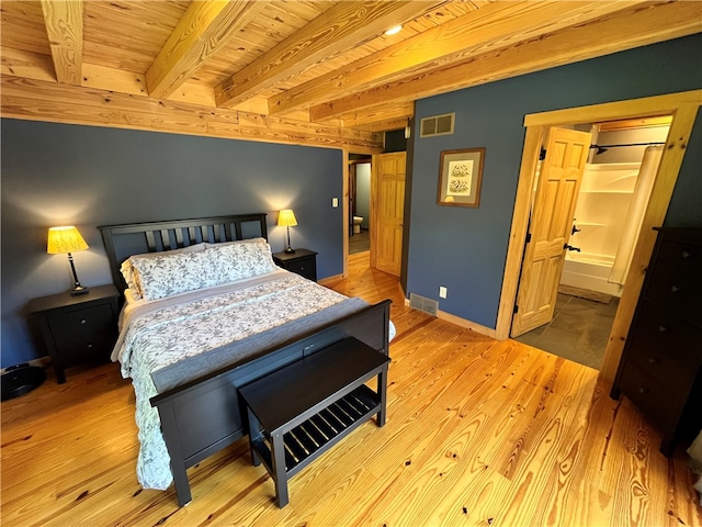 bedroom featuring beam ceiling, light wood-type flooring, and wooden ceiling