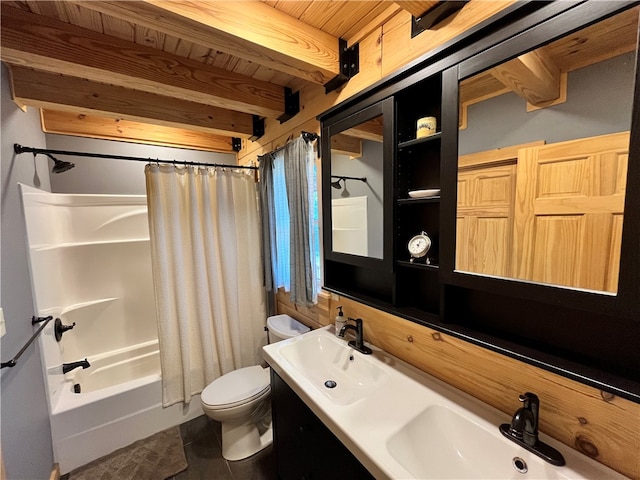 full bathroom with beamed ceiling, shower / bathtub combination with curtain, tile patterned floors, toilet, and wooden ceiling