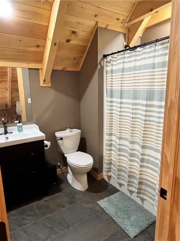 bathroom with vanity, tile patterned floors, toilet, lofted ceiling, and wood ceiling