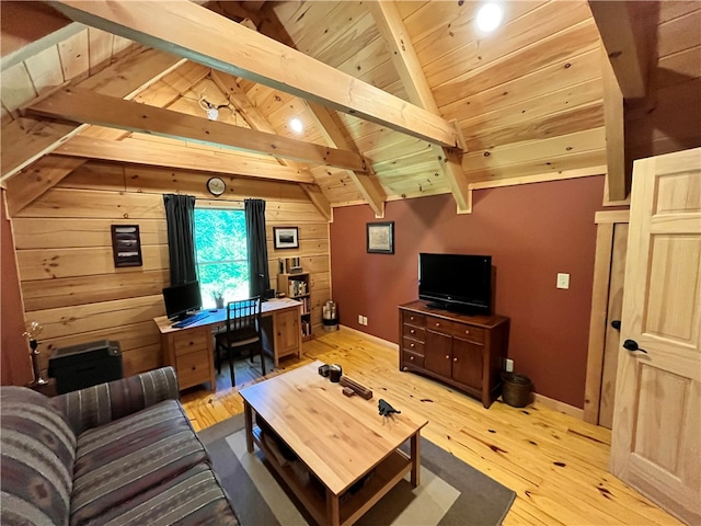 living room featuring vaulted ceiling with beams, wood walls, wooden ceiling, and light hardwood / wood-style flooring