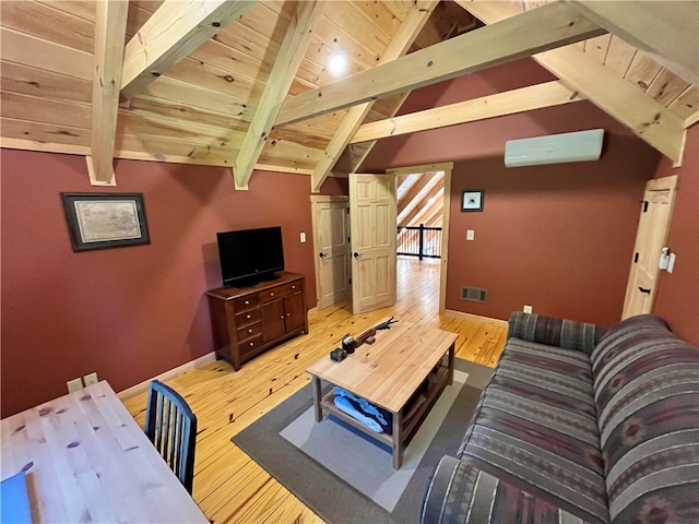 living room with wood ceiling, vaulted ceiling with beams, hardwood / wood-style floors, and a wall mounted air conditioner