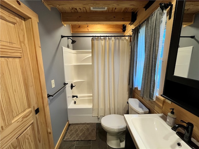 full bathroom with tile patterned flooring, wood ceiling, toilet, shower / tub combo with curtain, and sink