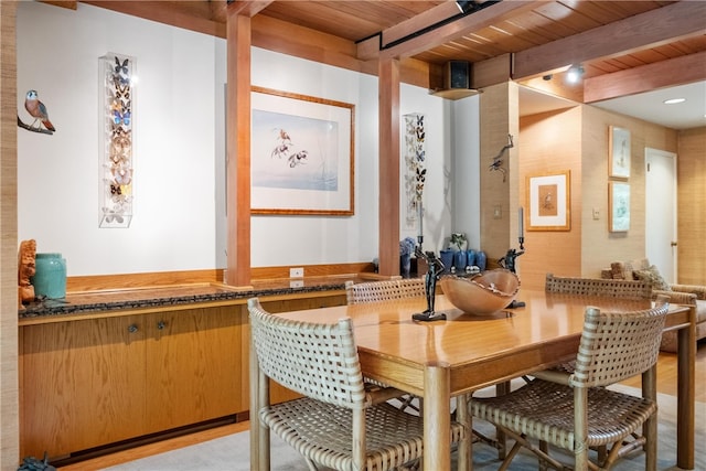 dining room with beamed ceiling and wood ceiling