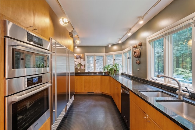 kitchen with sink, stainless steel appliances, a healthy amount of sunlight, and dark stone counters