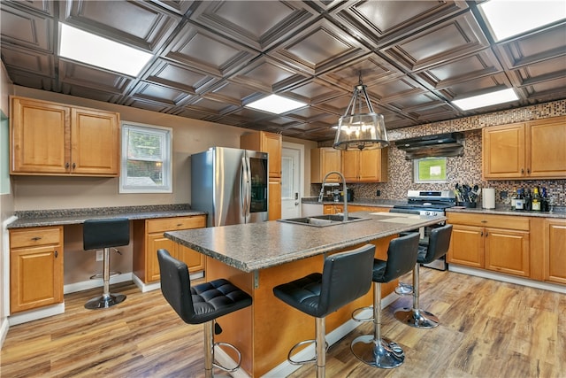 kitchen with a kitchen island with sink, tasteful backsplash, light wood-type flooring, and stainless steel appliances