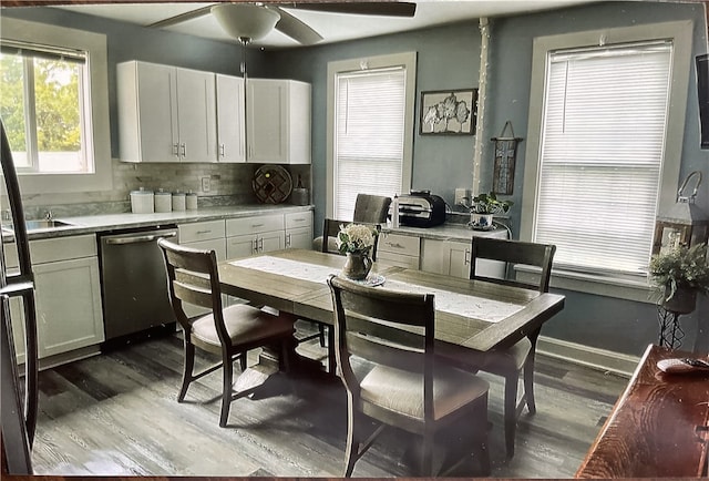 kitchen featuring white cabinetry, tasteful backsplash, dishwasher, ceiling fan, and wood-type flooring