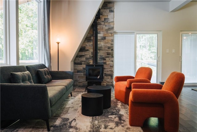 living area with a wood stove and wood finished floors