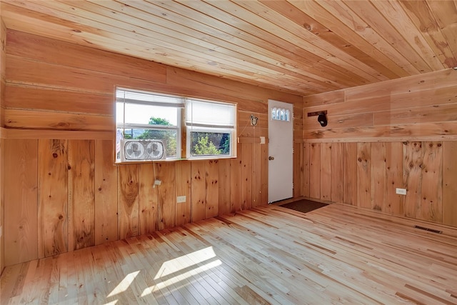 additional living space featuring light hardwood / wood-style floors, wooden ceiling, and wooden walls