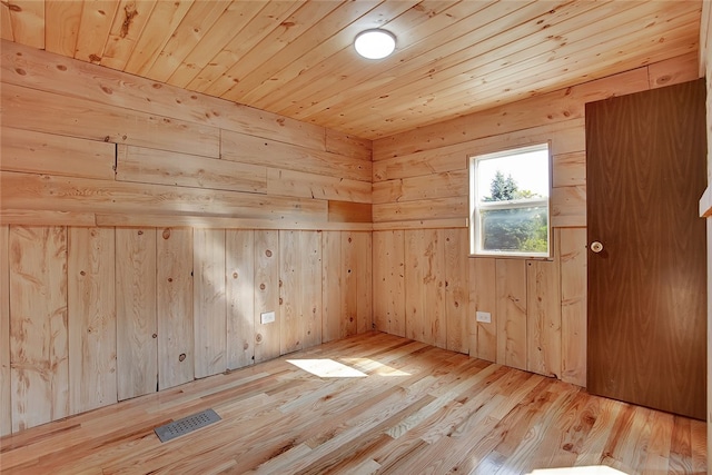 spare room featuring wood ceiling, wooden walls, and light hardwood / wood-style floors