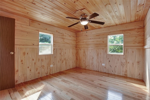 spare room featuring wood walls, light hardwood / wood-style flooring, and wooden ceiling