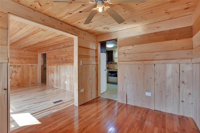 additional living space with wooden walls, hardwood / wood-style flooring, wood ceiling, and ceiling fan