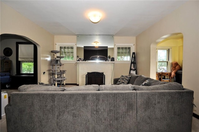 living room with a healthy amount of sunlight and a fireplace