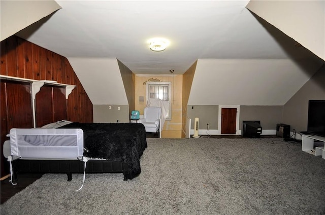 additional living space with vaulted ceiling, carpet, and wood walls