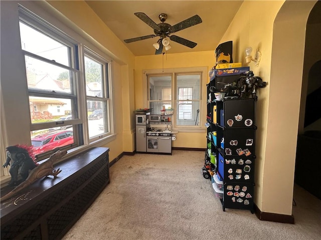 306 Shirls Ave, City Of Washington, PA 15301 - office space featuring light colored carpet, ceiling fan, baseboards, lofted ceiling, and arched walkways