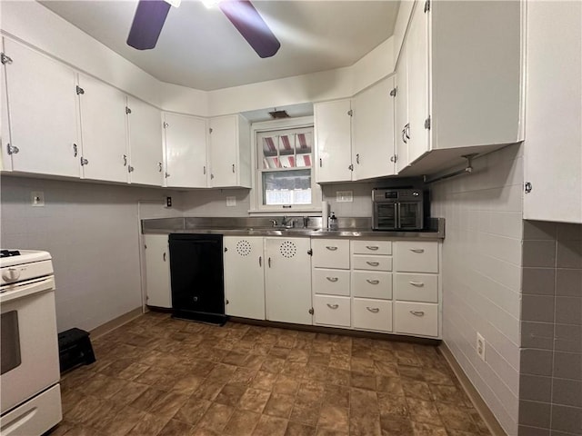 306 Shirls Ave, City Of Washington, PA 15301 - kitchen with stainless steel countertops, white stove, black dishwasher, white cabinetry, and ceiling fan