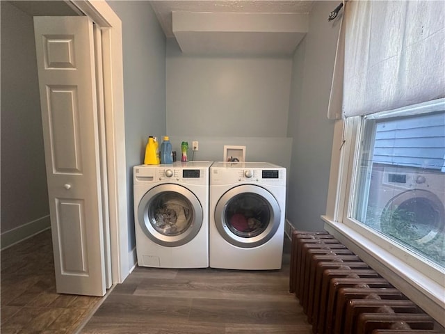 306 Shirls Ave, City Of Washington, PA 15301 - laundry room with independent washer and dryer, dark wood-style floors, and radiator heating unit