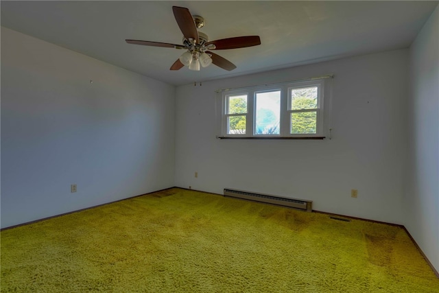 carpeted spare room featuring a baseboard radiator and ceiling fan