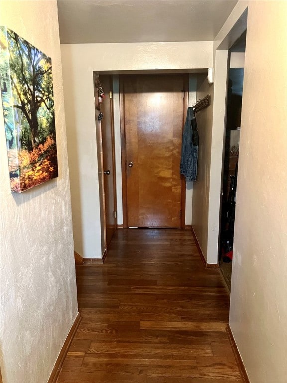 hallway with dark hardwood / wood-style flooring