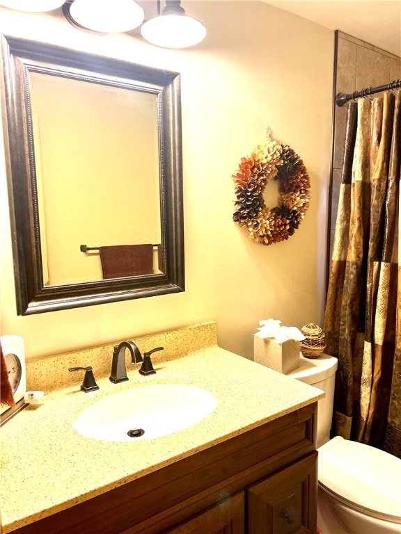 bathroom featuring vanity, toilet, and a shower with curtain