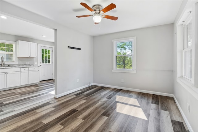 interior space with sink, hardwood / wood-style floors, ceiling fan, and plenty of natural light