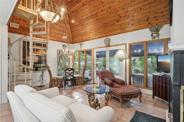 living room featuring light tile patterned flooring, an inviting chandelier, wooden ceiling, and high vaulted ceiling