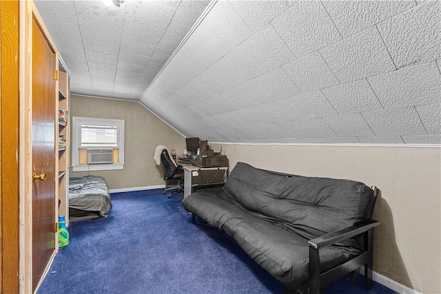 sitting room with cooling unit, carpet, and vaulted ceiling