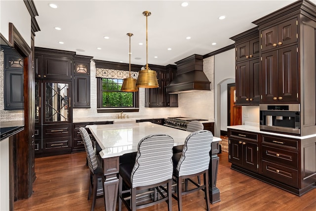 kitchen with premium range hood, dark hardwood / wood-style flooring, a kitchen island, appliances with stainless steel finishes, and decorative backsplash