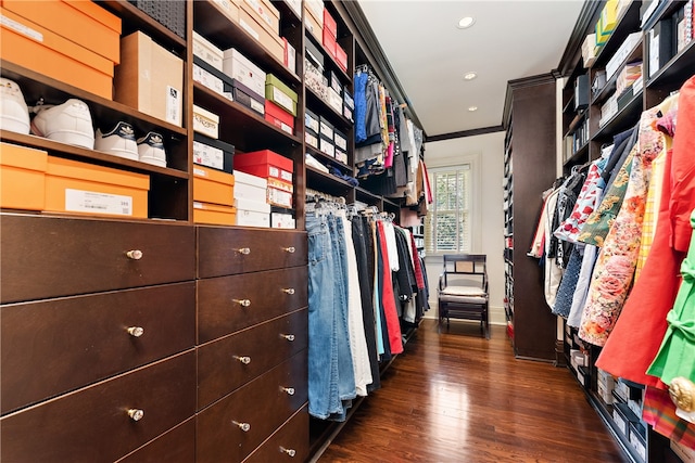 spacious closet with dark hardwood / wood-style floors