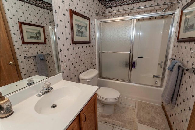 9133 Aspen Dr, Seven Springs Resort, PA 15622 - bathroom with wallpapered walls, vanity, toilet, enclosed tub / shower combo, and tile patterned flooring