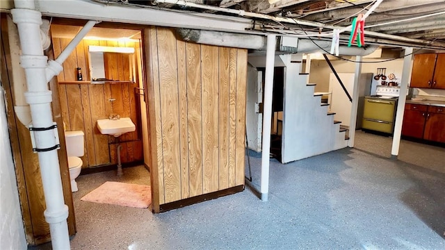 basement with sink and wooden walls