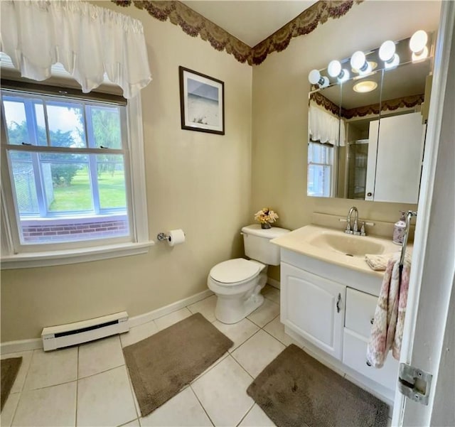 bathroom with vanity, walk in shower, toilet, a baseboard radiator, and tile patterned floors