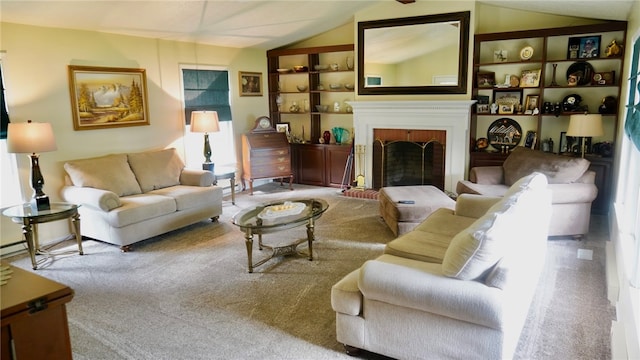 carpeted living room with built in features, a brick fireplace, and vaulted ceiling