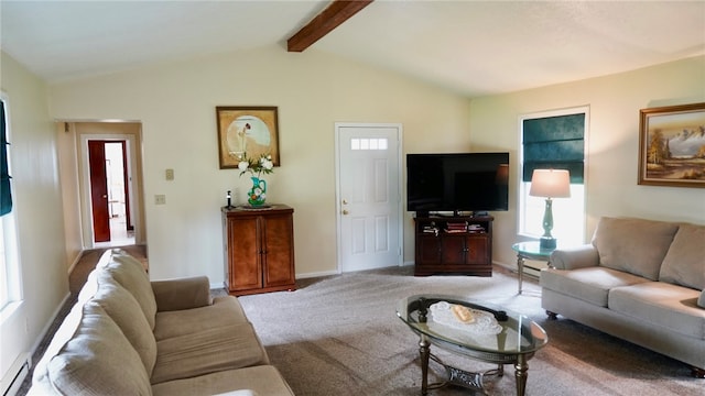 living room featuring carpet and lofted ceiling with beams