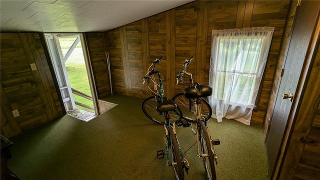 workout area with carpet flooring, wood walls, and lofted ceiling