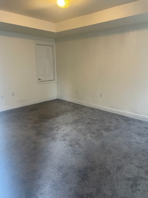 empty room with carpet and a raised ceiling